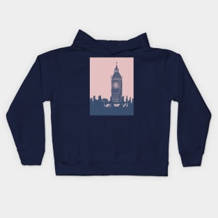 Big Ben London Skyline Linocut Blue and Pink Kids Hoodie